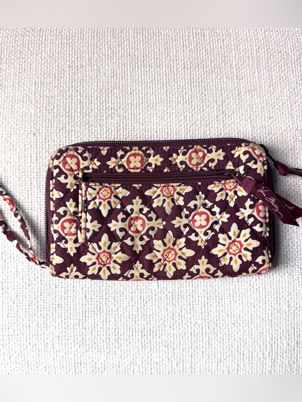Vera Bradley Quilted Floral Zip Wristlet in Burgundy and Cream